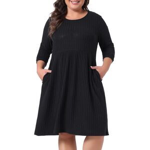 Plus Size Round Neck Long Sleeve Elegant Ribbed Midi Knit Dress Black